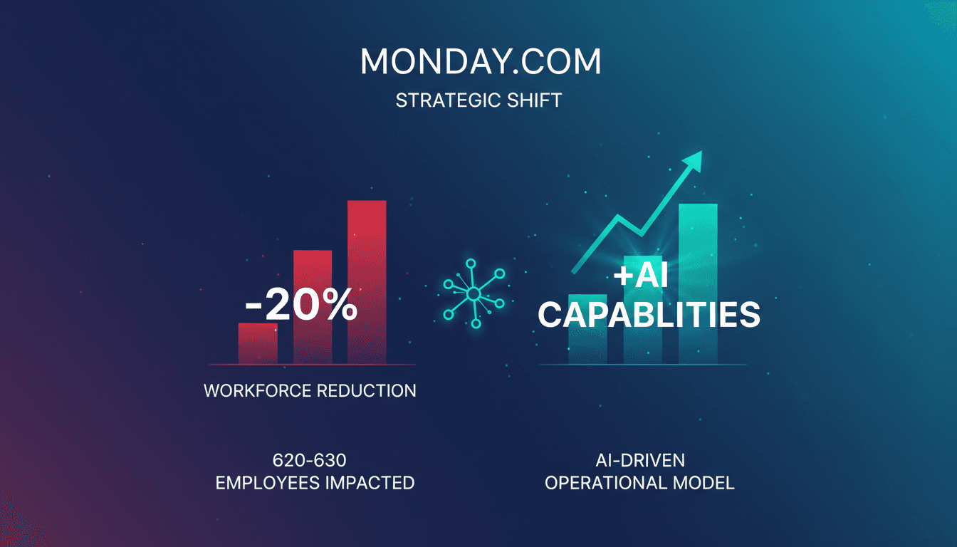 Monday.com logo with a backdrop of AI technology graphics