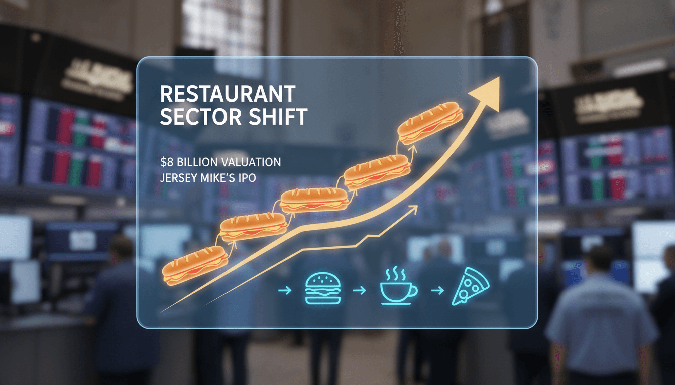 Jersey Mike's Subs logo with IPO announcement graphic
