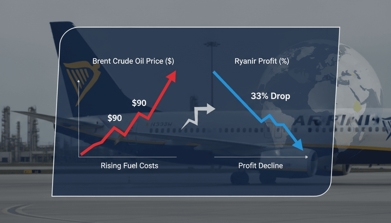 Ryanair aircraft at an airport with rising fuel price graphics