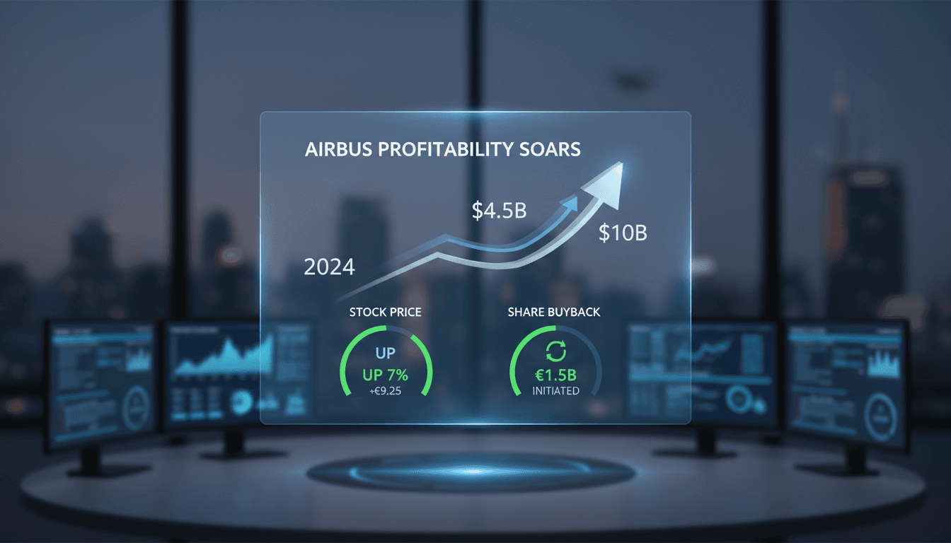 Airbus aircraft in flight with financial graphs overlay