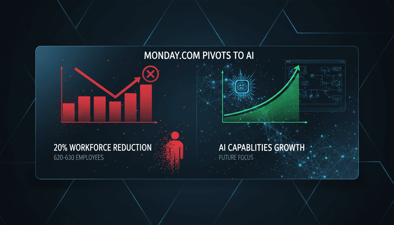 Monday.com logo with a backdrop of AI technology graphics.