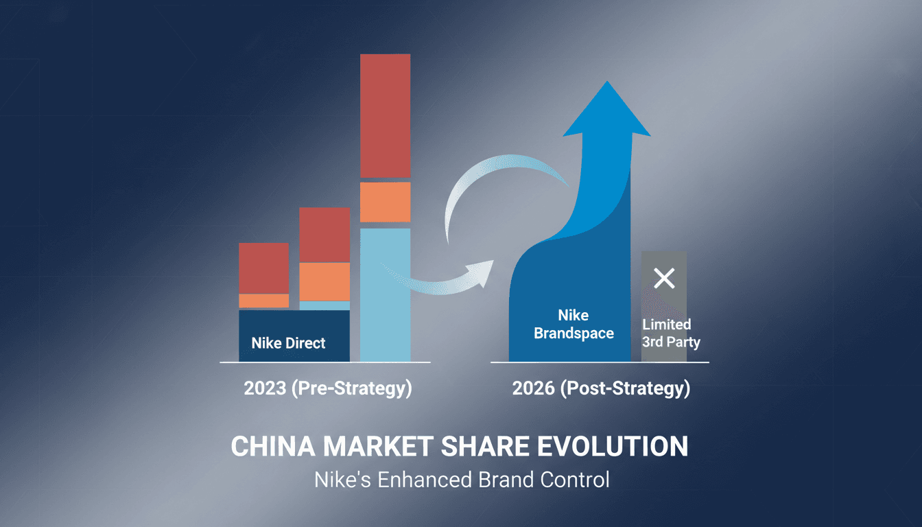 Nike logo with a backdrop of the Chinese market landscape