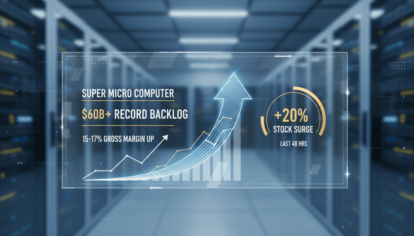 Super Micro Computer's logo with a backdrop of AI technology graphics.