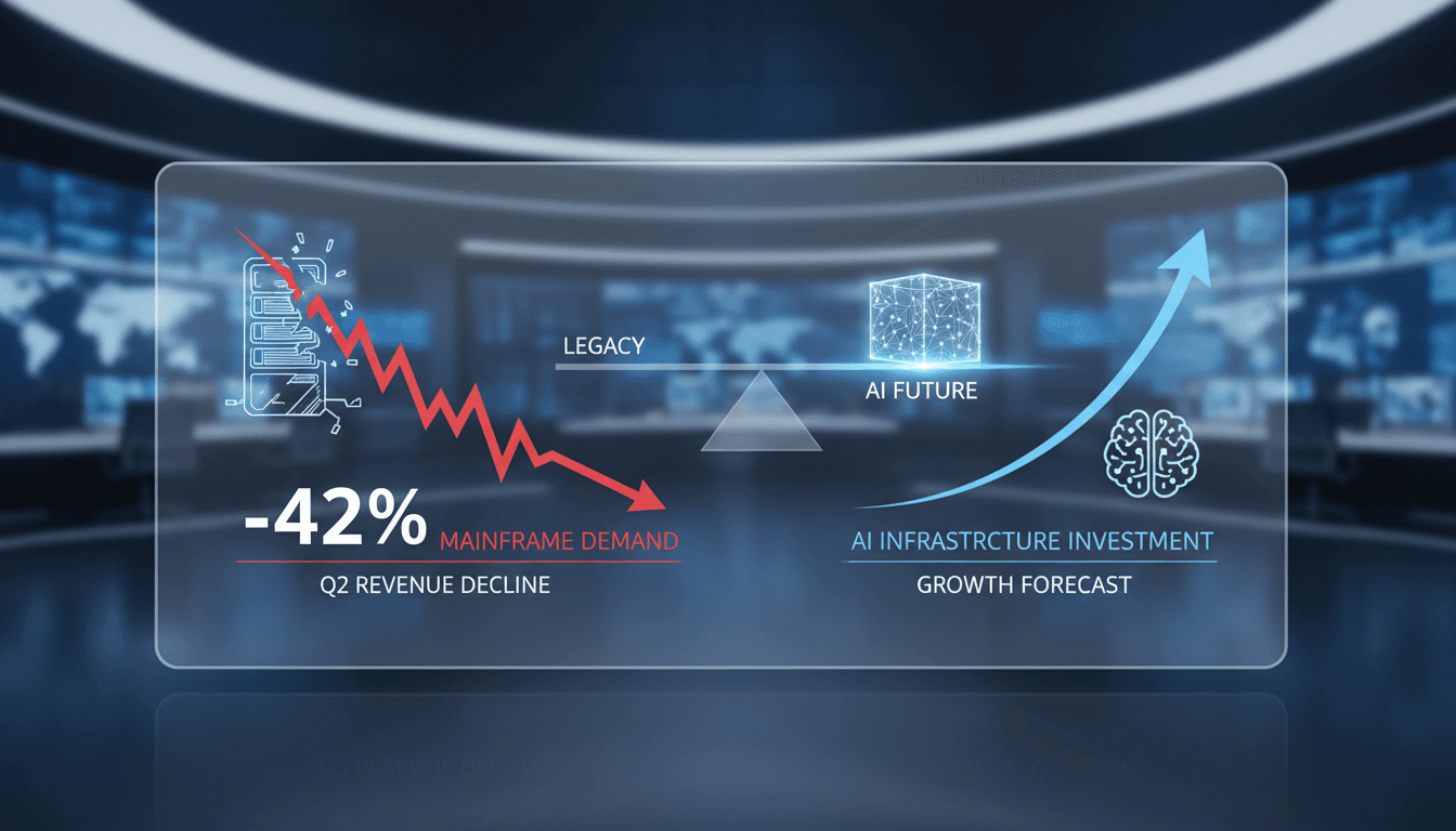 IBM logo with a graph showing declining mainframe revenue and rising AI investments.