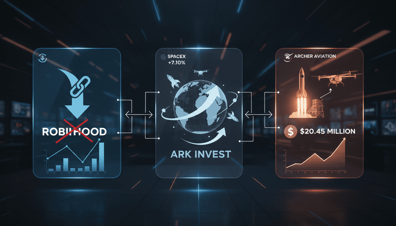 ARK Invest logo with a backdrop of aerospace technology and stock market graphs.