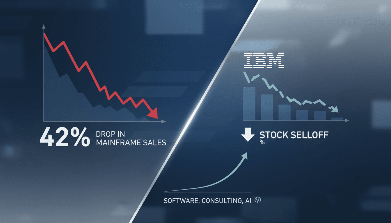 IBM logo with a declining stock chart background