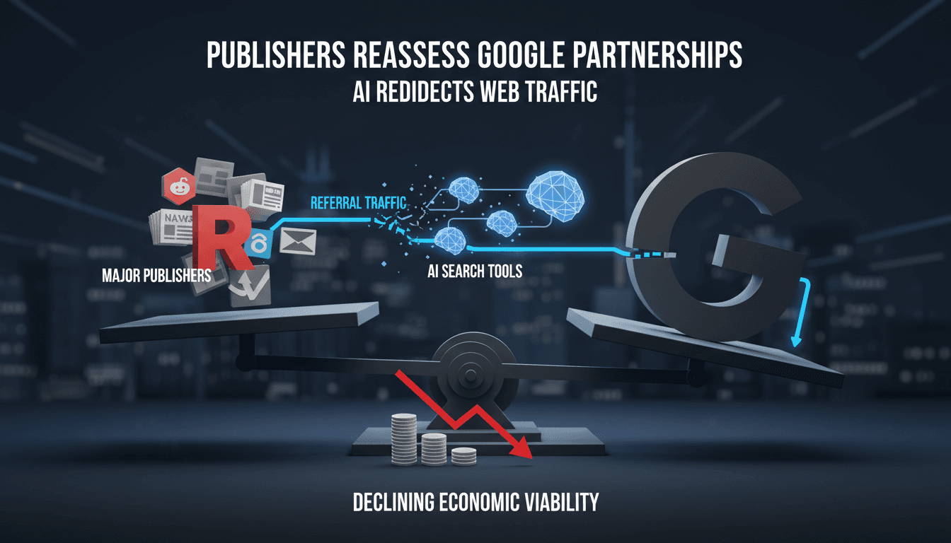 Illustration of publishers reassessing partnerships with Google in the context of AI-driven search tools.