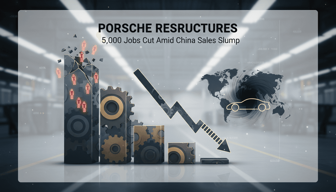 Porsche logo with a backdrop of an automotive assembly line