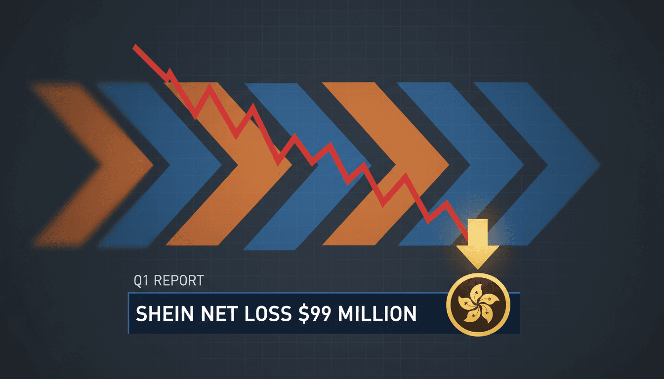 Shein logo with financial graphs illustrating losses and IPO challenges.