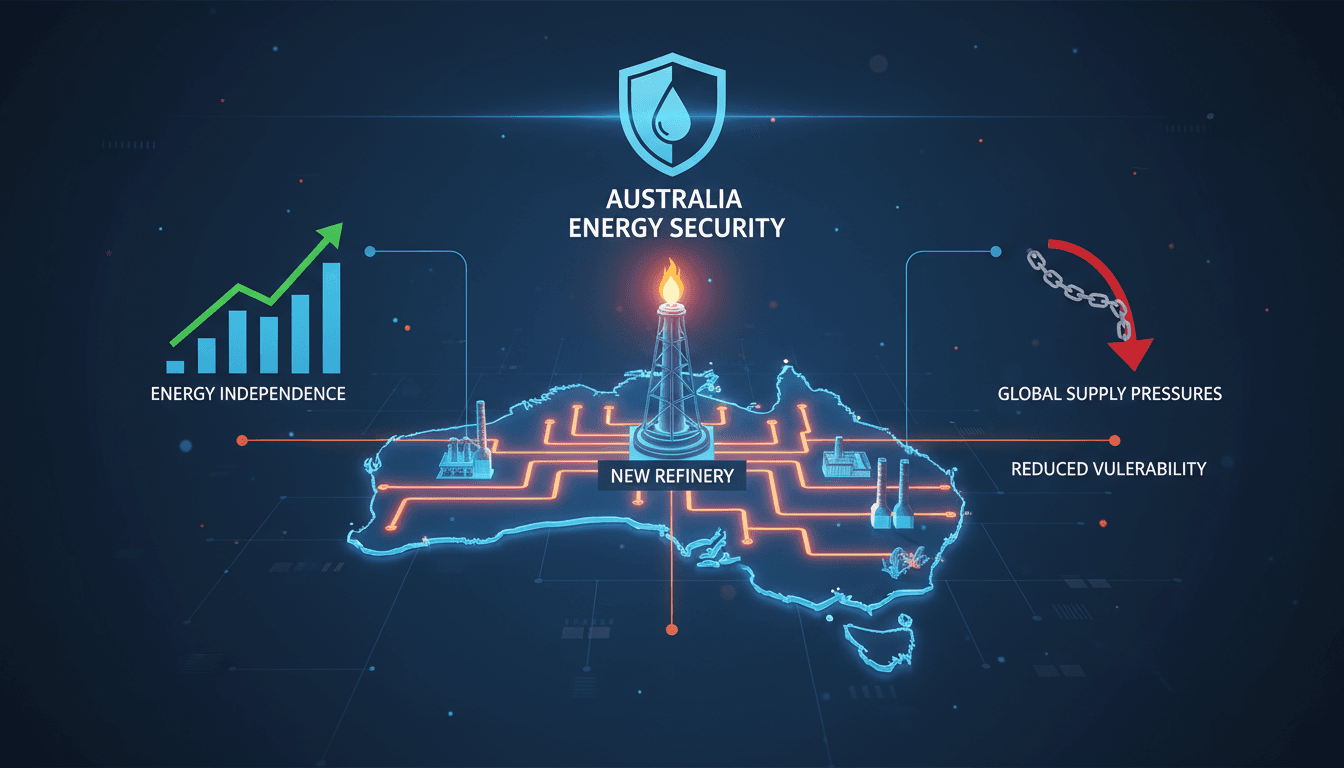 Conceptual image of an oil refinery with Australian flags