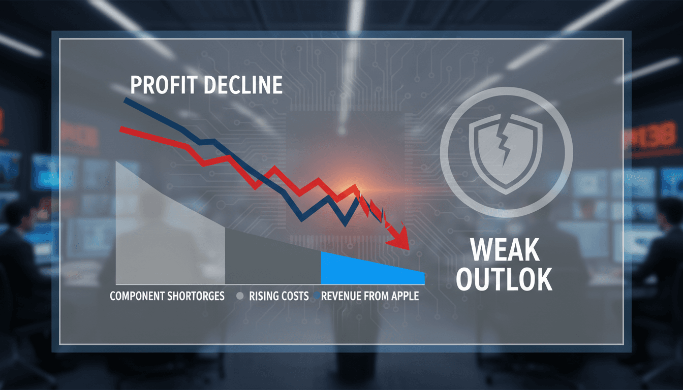 Qualcomm logo with a declining profit graph in the background