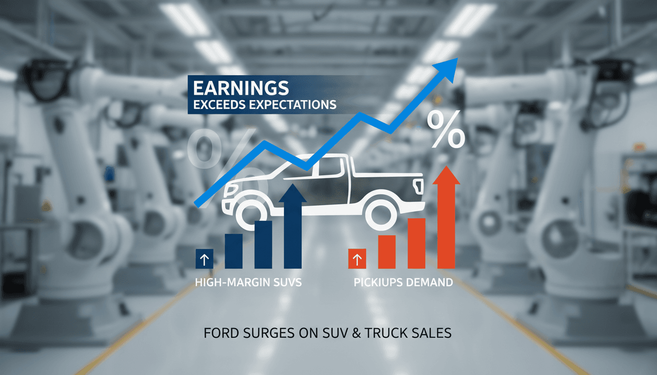 Ford Motor Co. logo with a backdrop of SUVs and pickups.