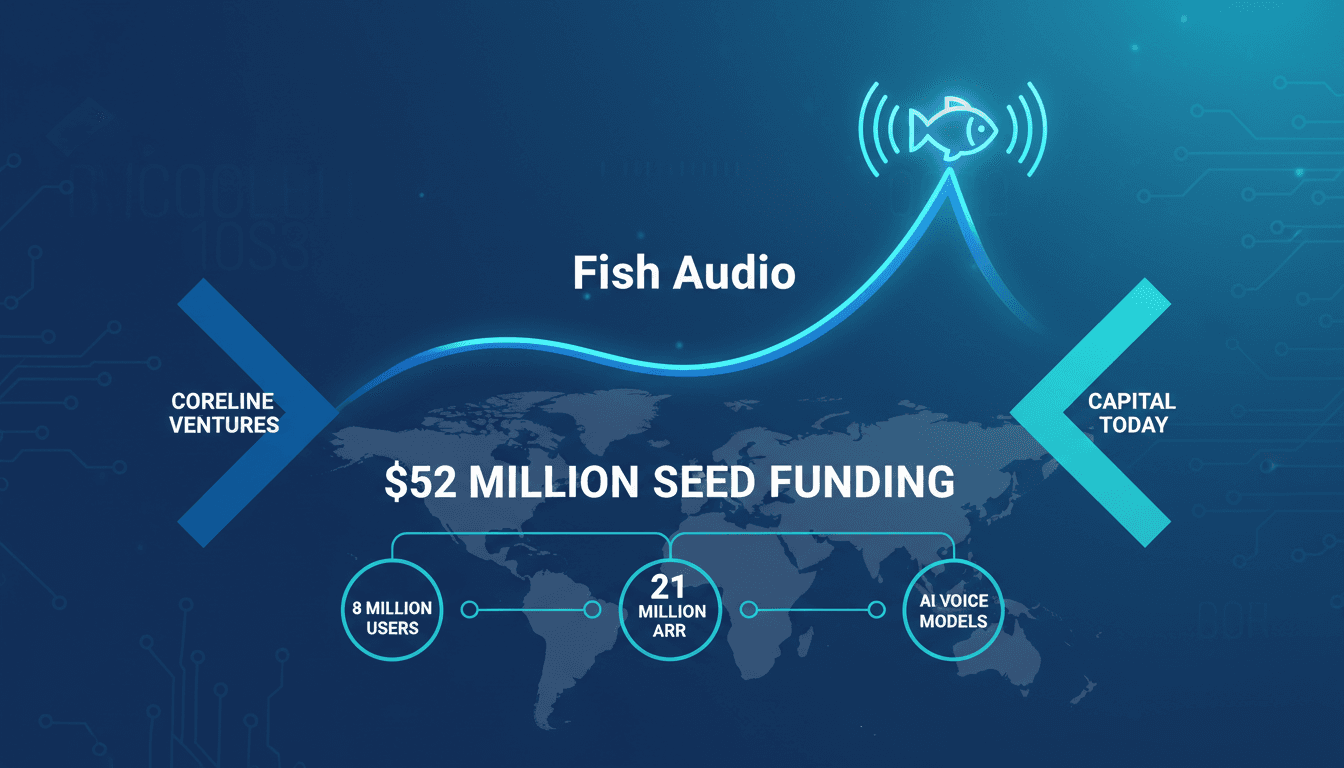 Fish Audio logo with a backdrop of AI voice technology graphics.