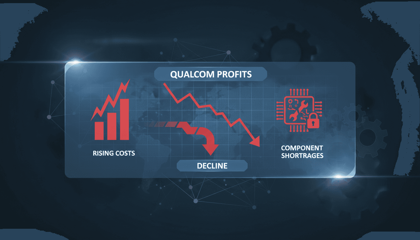 Qualcomm logo with a backdrop of rising cost graphs and component shortages.