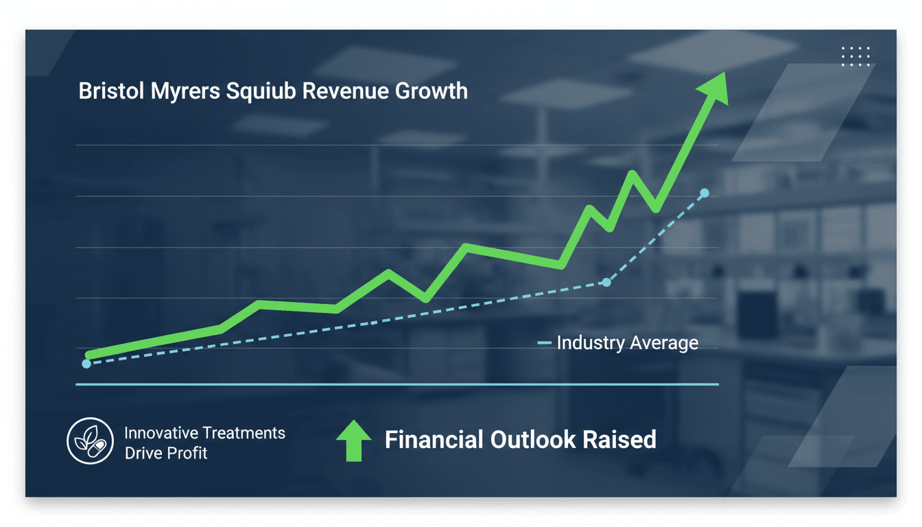 Bristol Myers Squibb logo with a backdrop of financial growth charts