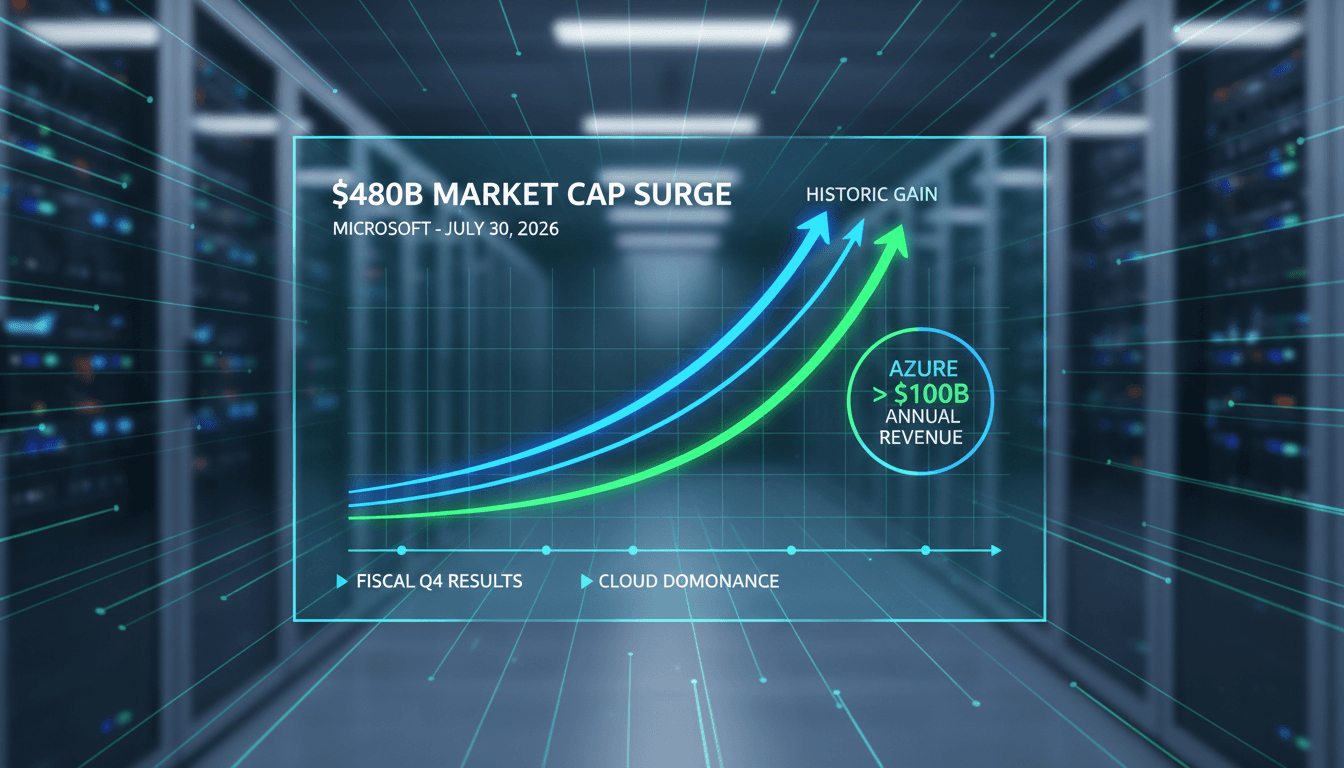 Microsoft logo with a graph showing market cap growth