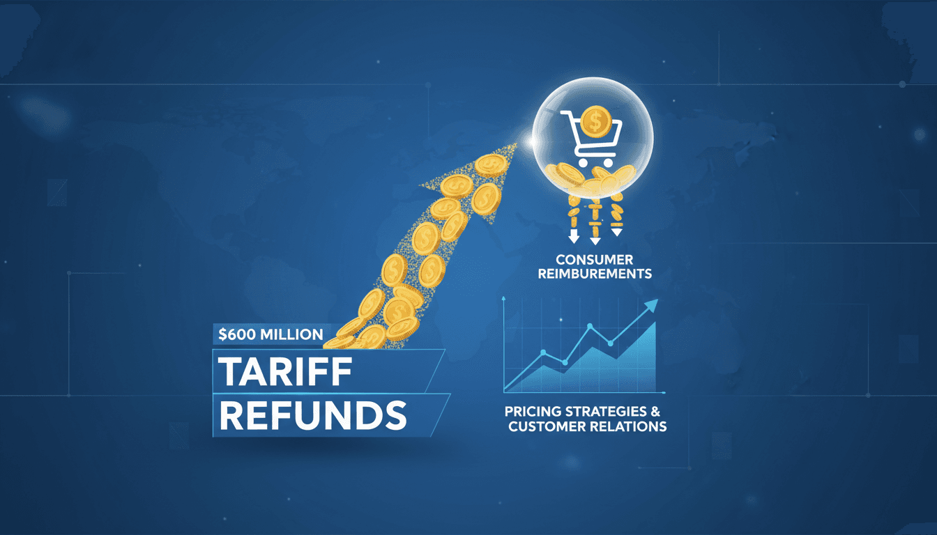 Amazon logo with financial graphics illustrating tariff refunds
