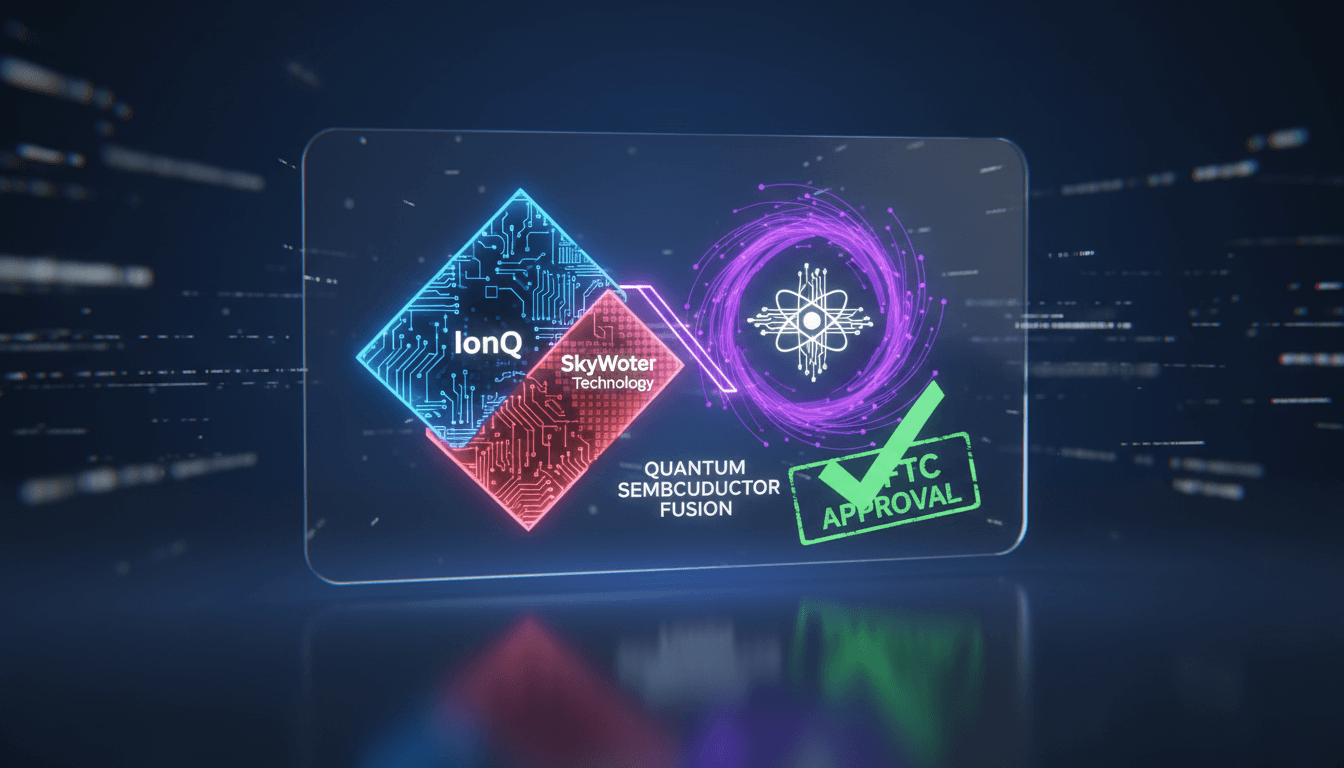 IonQ and SkyWater Technology logos representing their merger in quantum computing and semiconductor sectors.