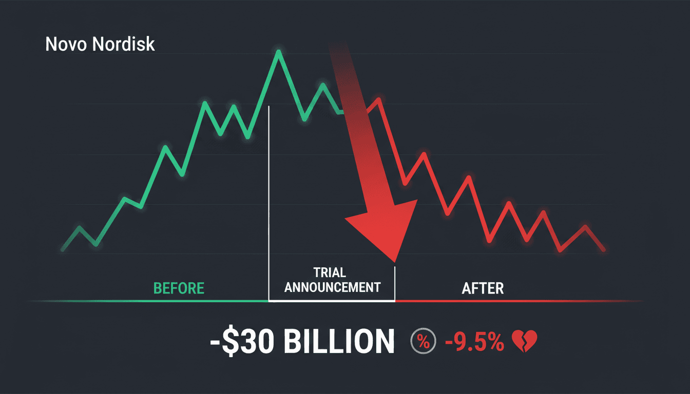 Graph showing Novo Nordisk's stock decline following ziltivekimab trial results.