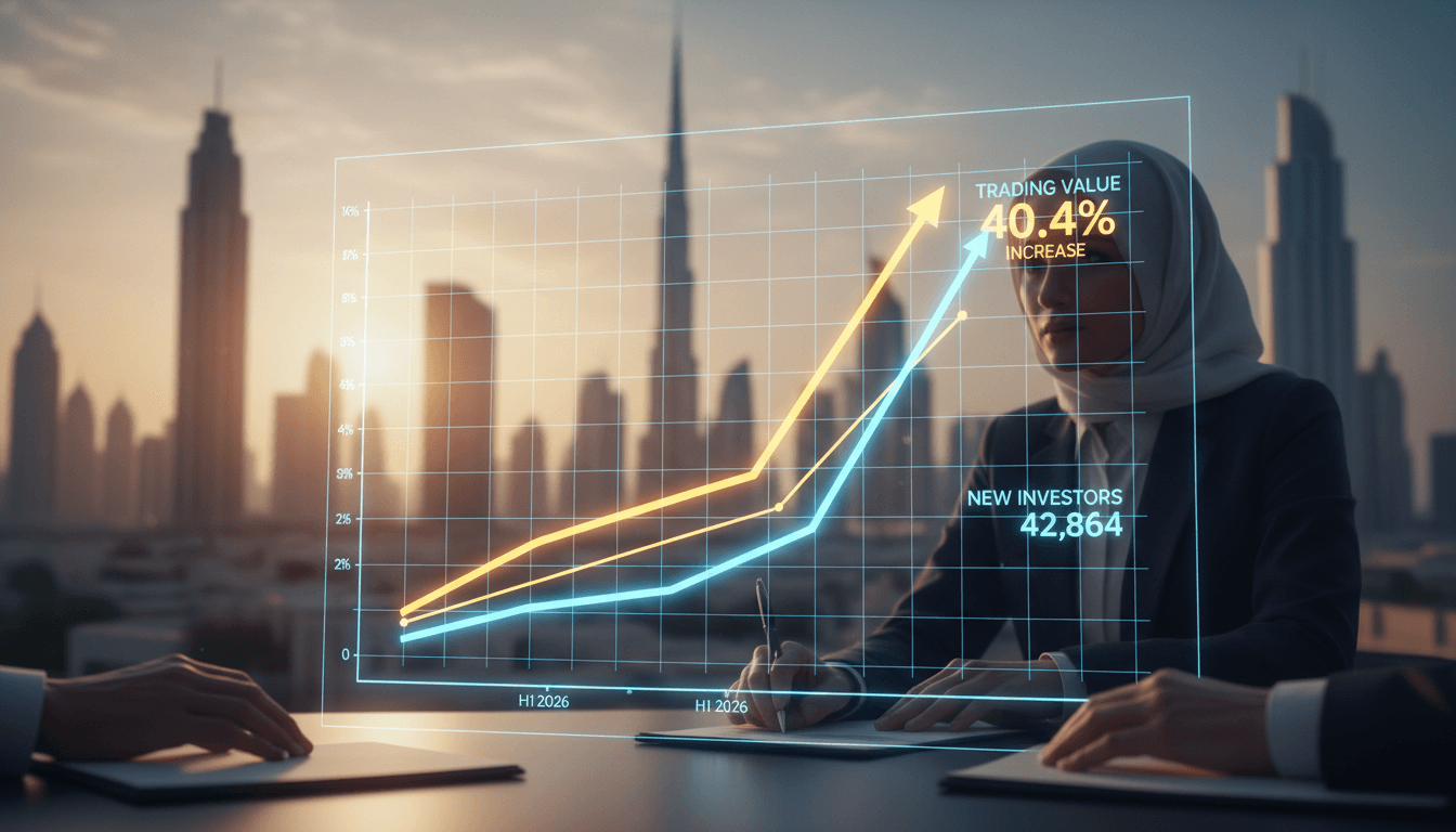 Graph showing the increase in trading value and new investors at Dubai Financial Market in H1 2026.