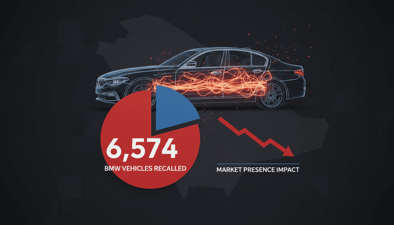 BMW vehicles parked in a dealership with a recall notice.