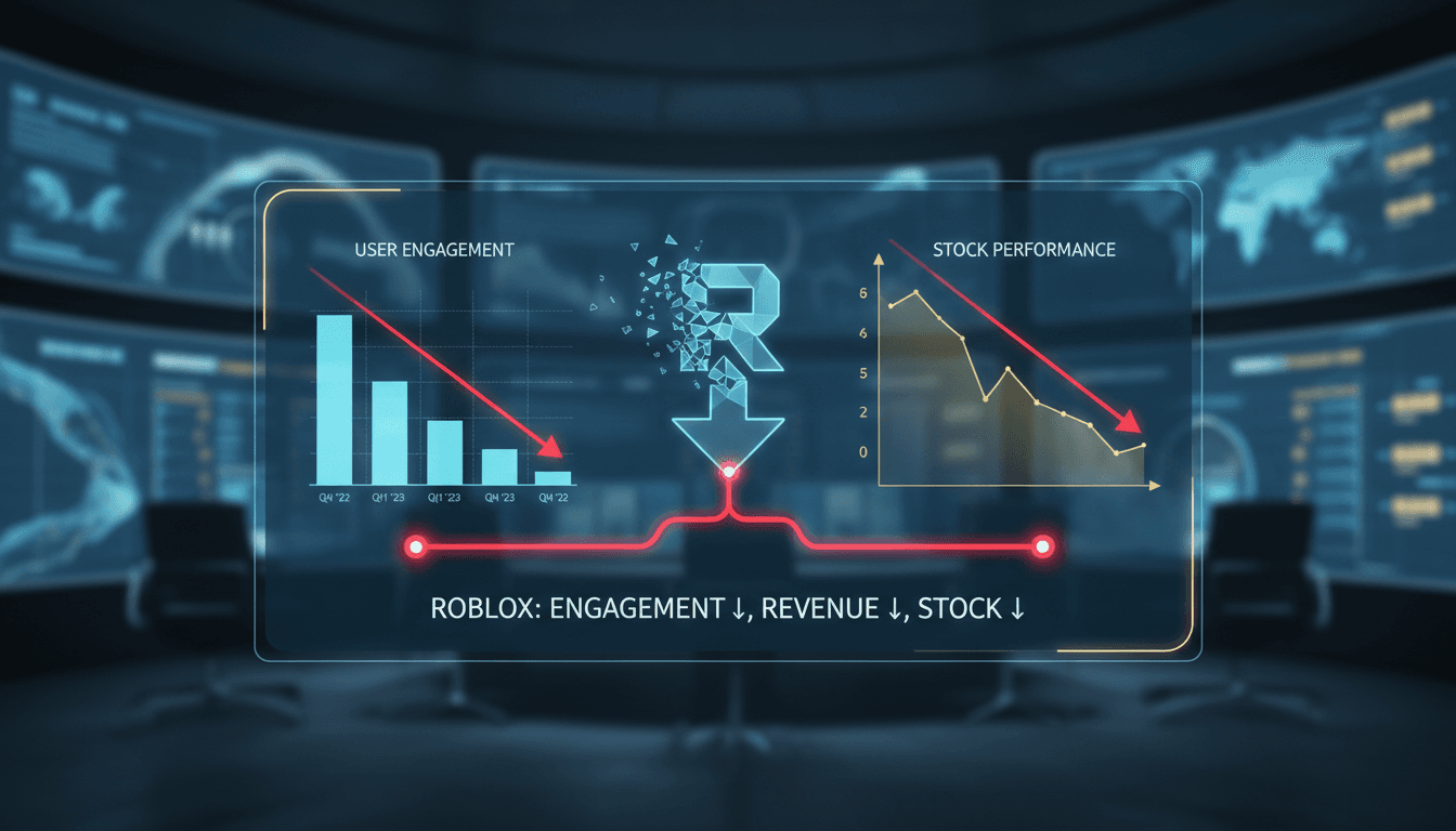 Roblox logo with a graph showing revenue decline and user engagement metrics