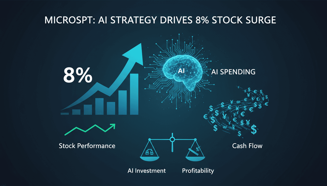 Microsoft logo with stock market graph showing upward trend
