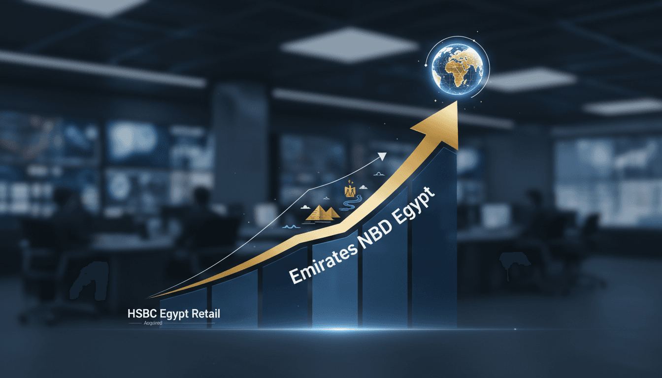 Emirates NBD logo with a backdrop of Egyptian banking landscape