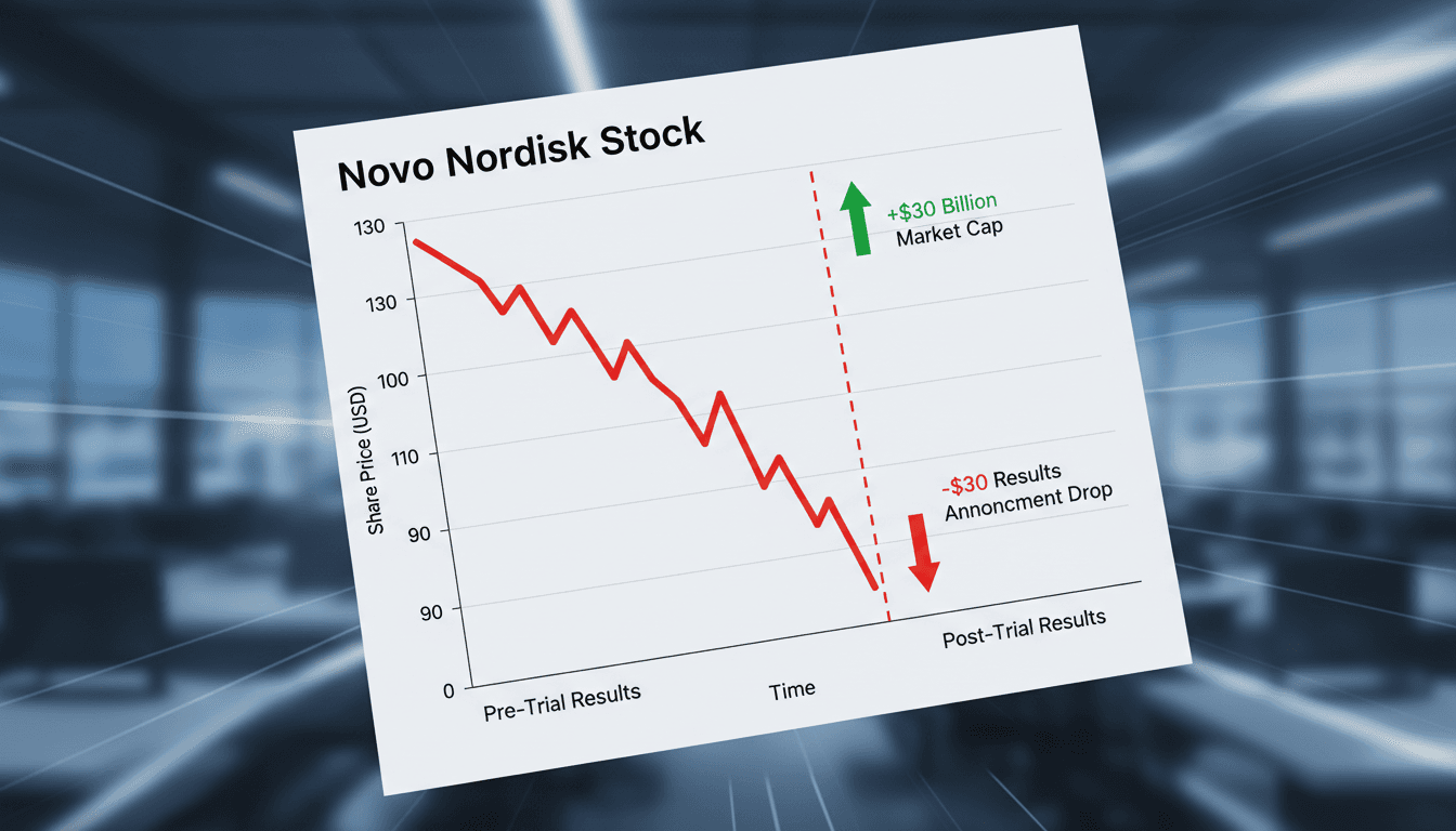 Graph showing Novo Nordisk's stock price decline following Ziltivekimab trial failure.