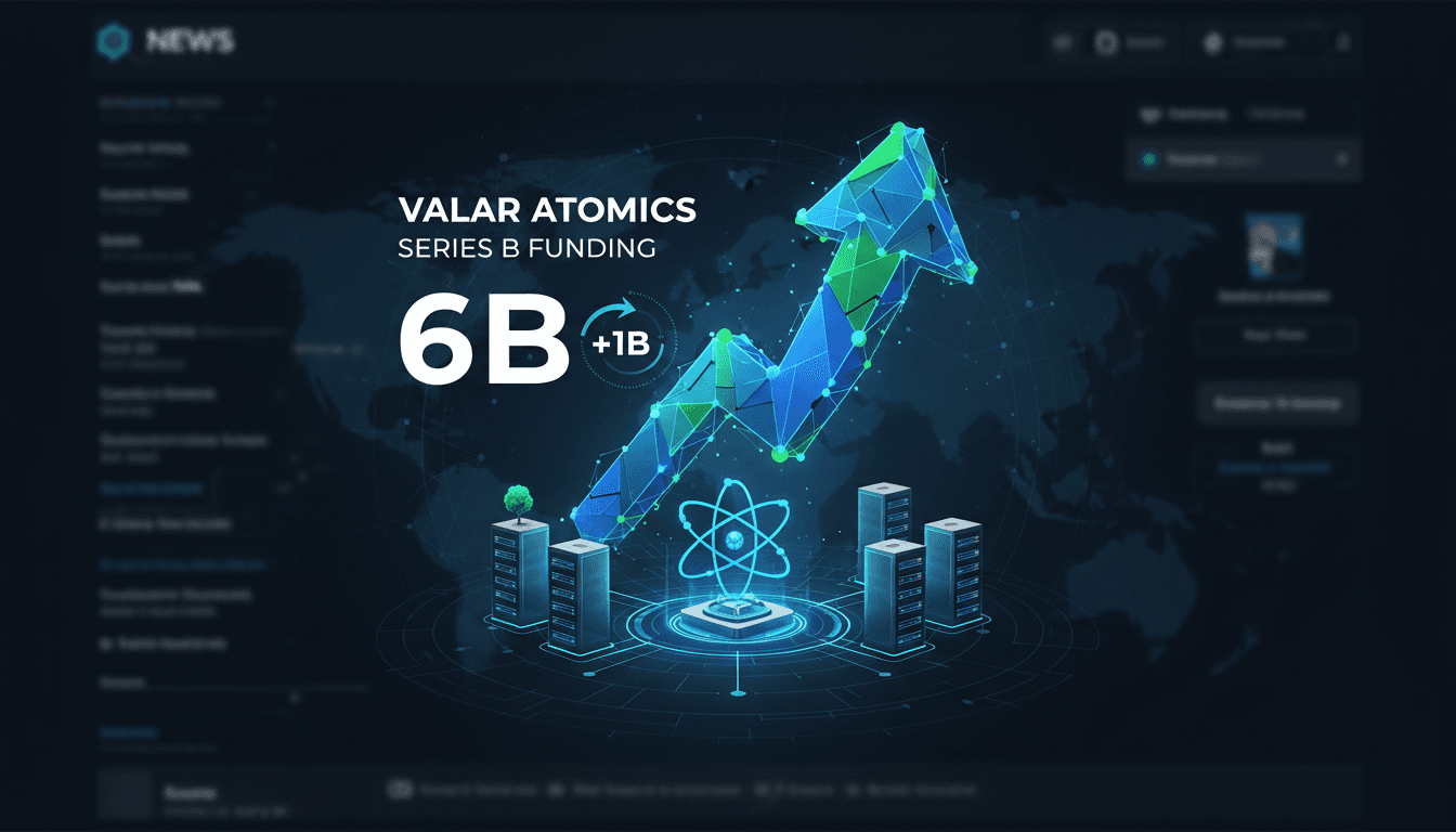 Valar Atomics logo with a backdrop of nuclear reactors and data centers.