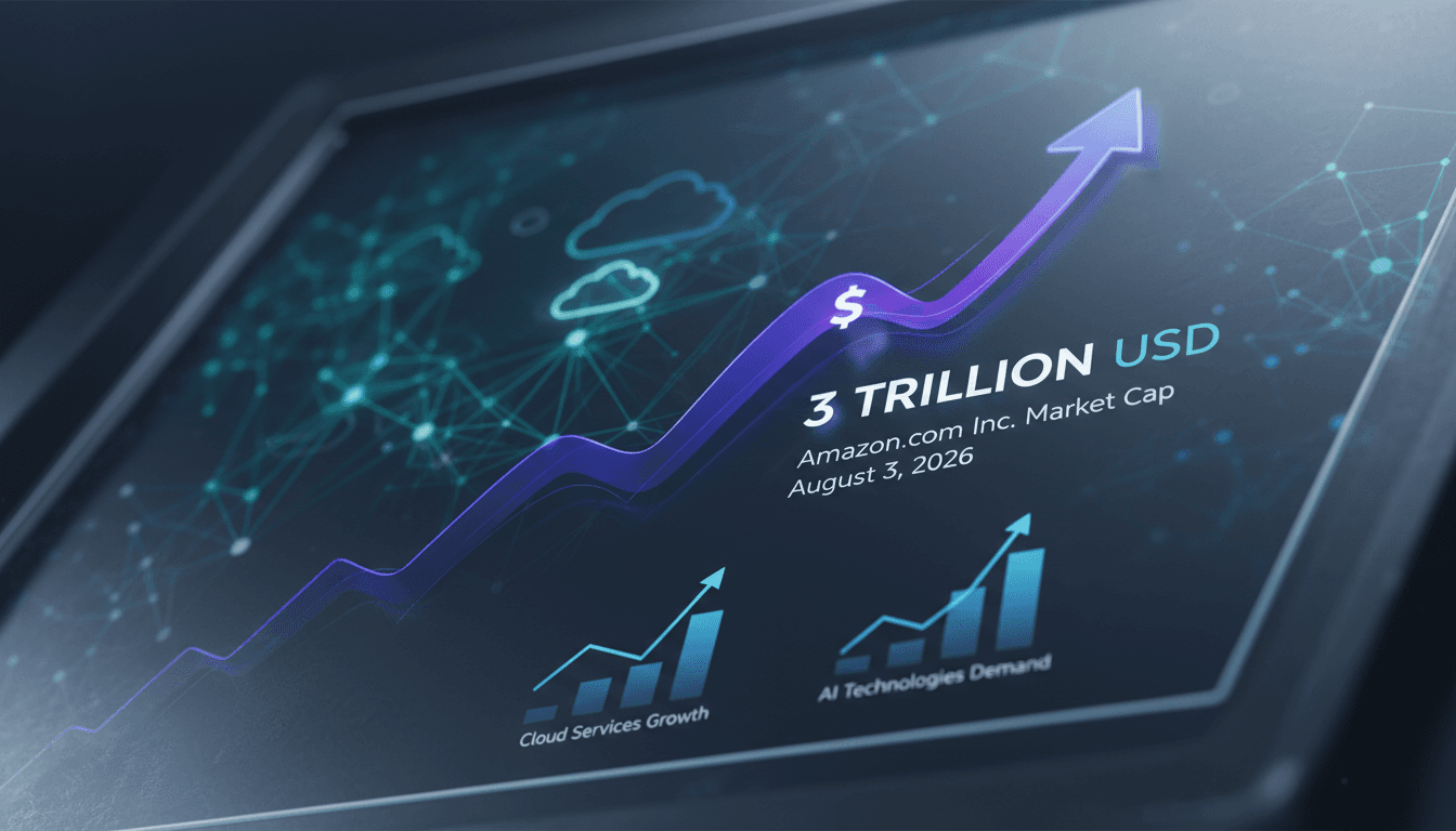 Amazon logo with a backdrop of financial growth charts