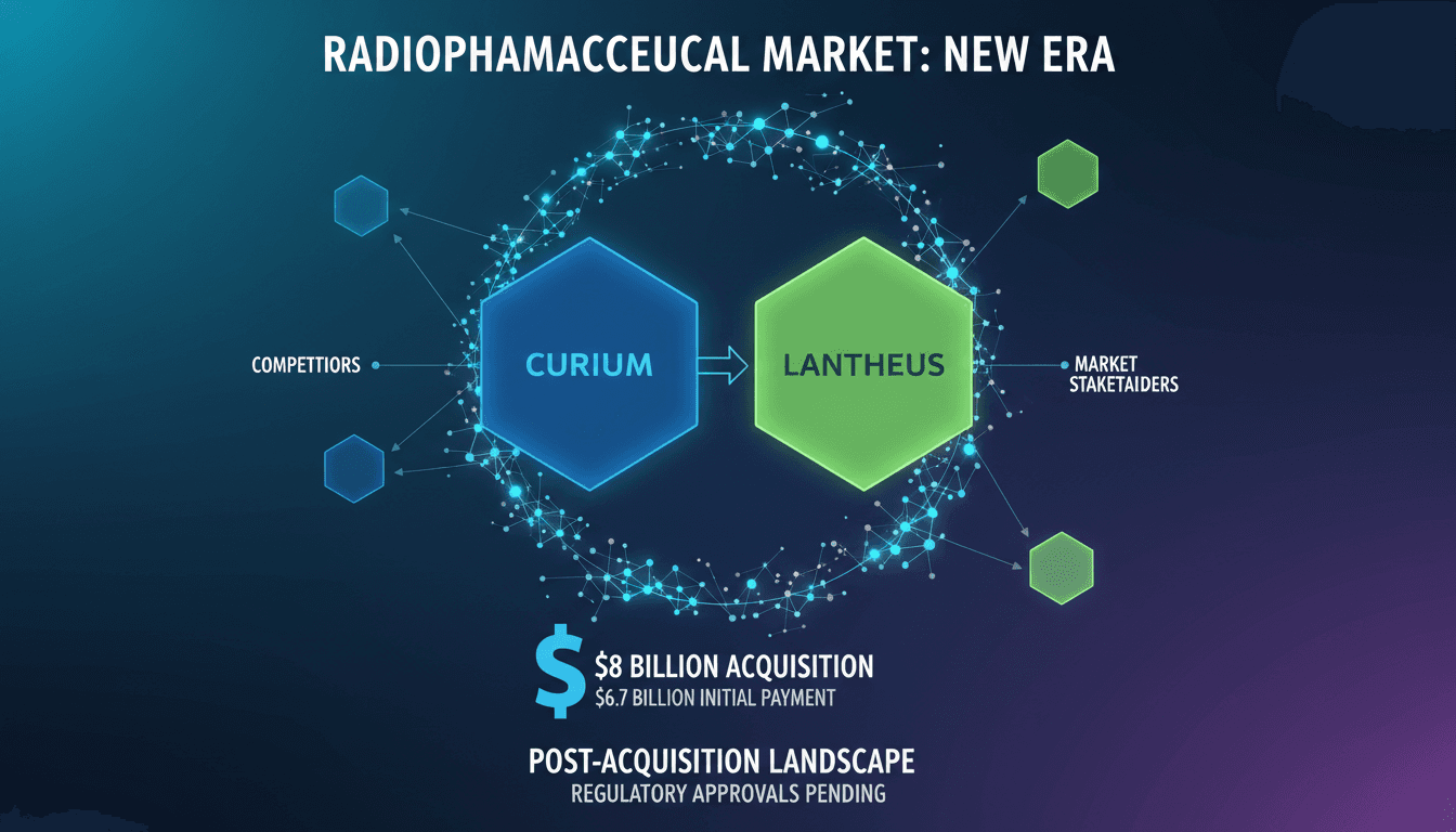 Curium and Lantheus Holdings logos with a financial graph background