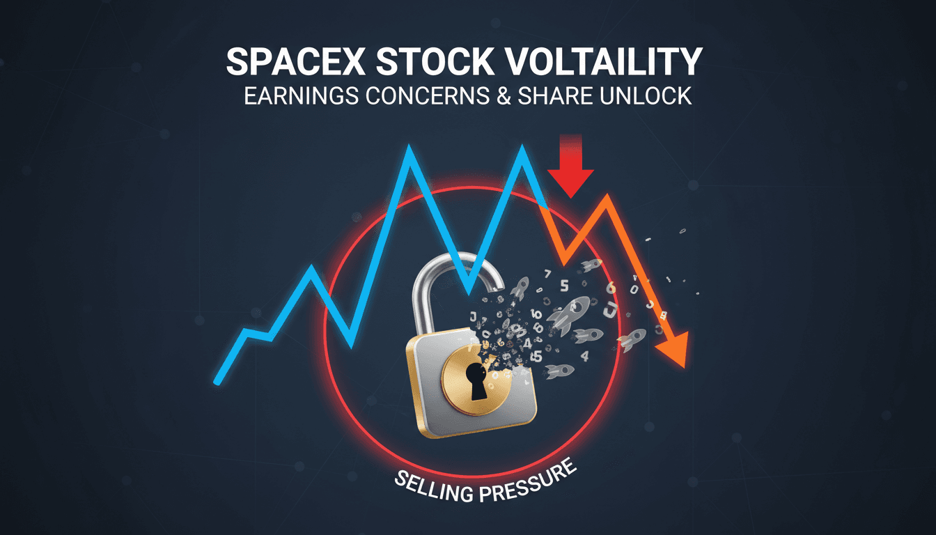 SpaceX logo with stock market graphics in the background