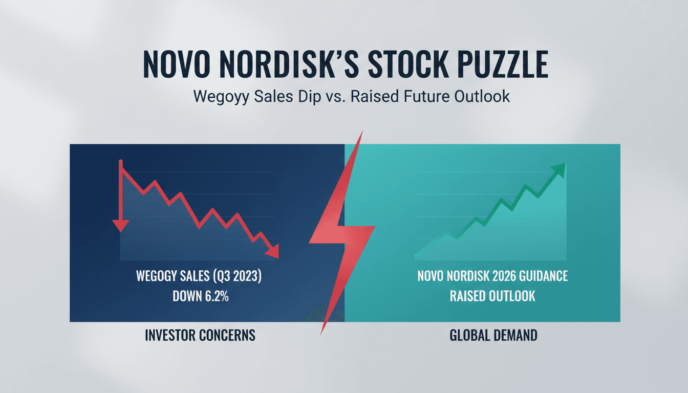 Novo Nordisk logo with a background of stock market graphs