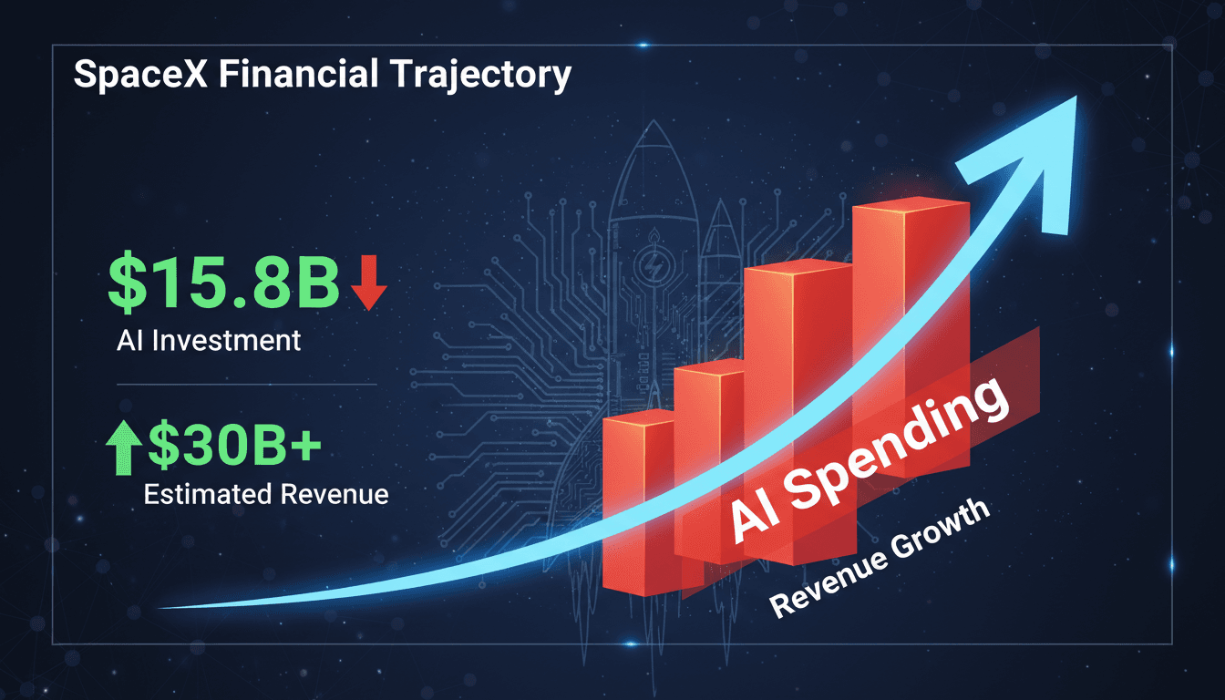 SpaceX logo with a backdrop of financial graphs and AI imagery.