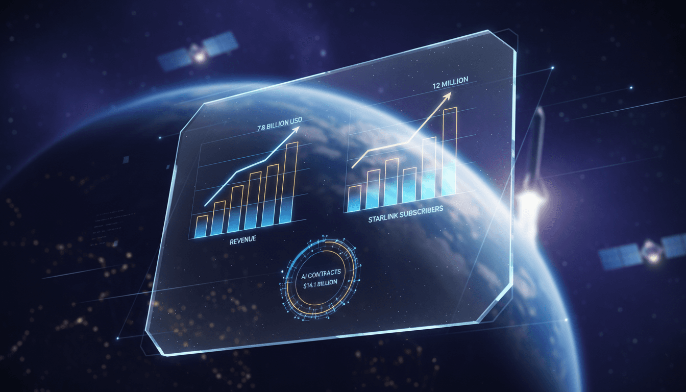 SpaceX logo with a backdrop of satellite imagery and financial graphs.