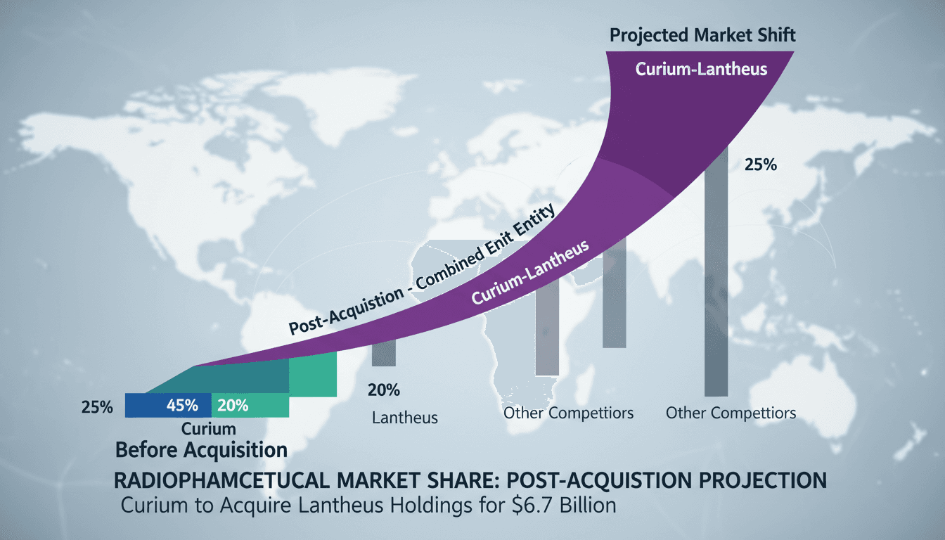 Curium and Lantheus Holdings logos with a financial graph background.