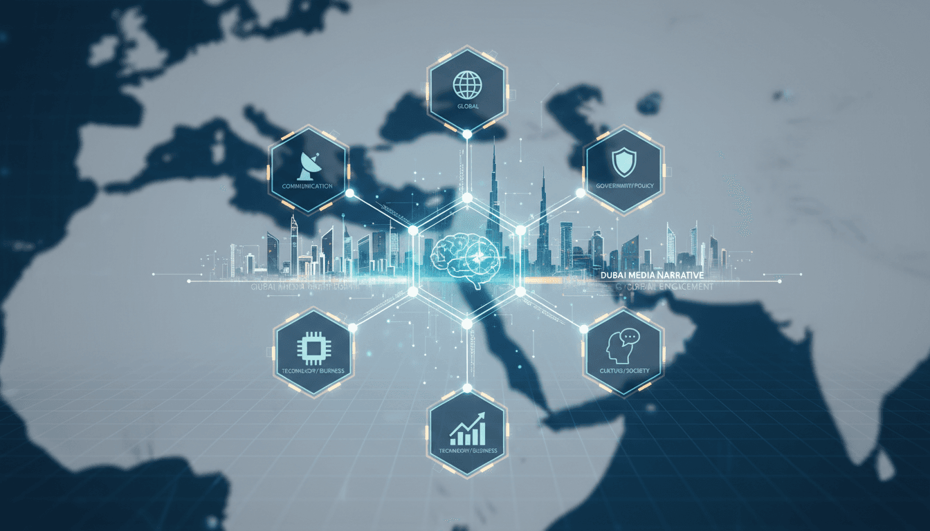 Dubai skyline with media icons representing global communication efforts