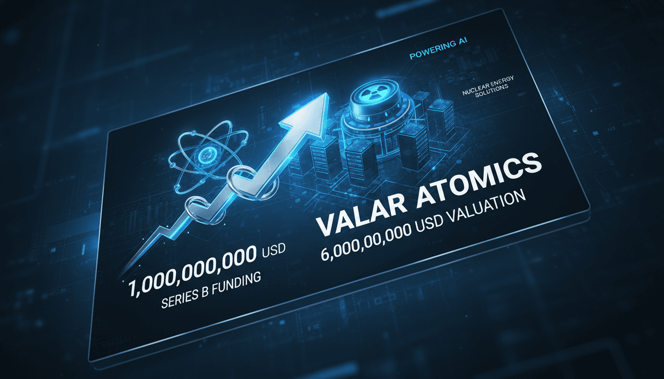 Valar Atomics logo with a backdrop of small modular nuclear reactors.