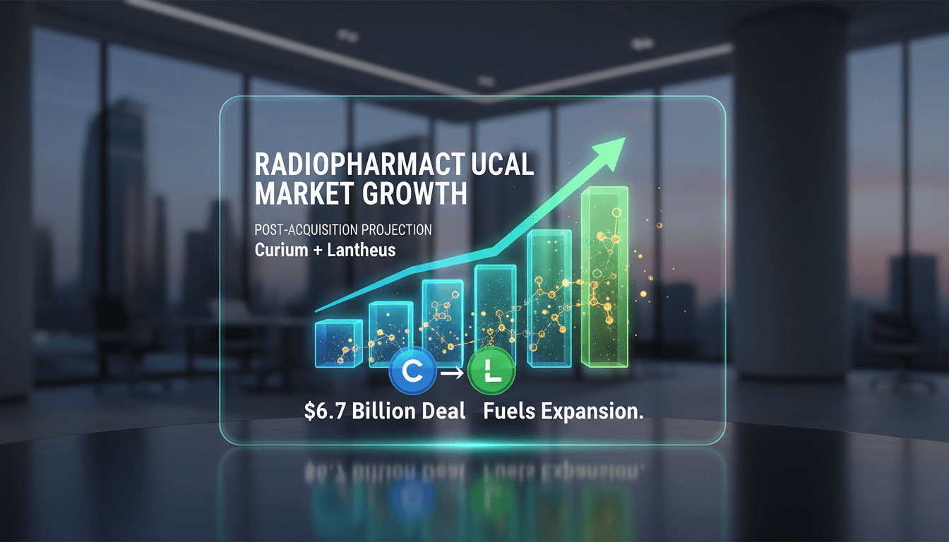 Curium and Lantheus Holdings logos with a financial graph background