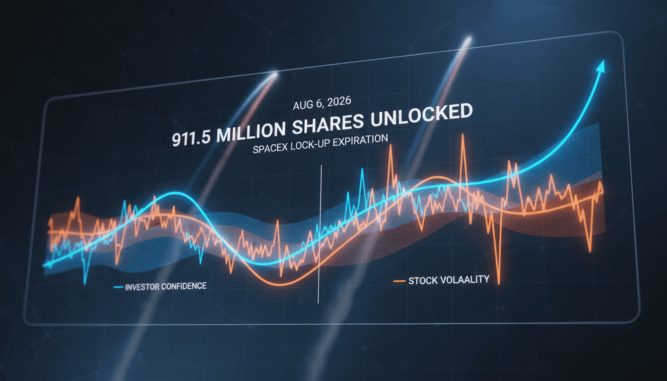 SpaceX logo with stock market graphics in the background