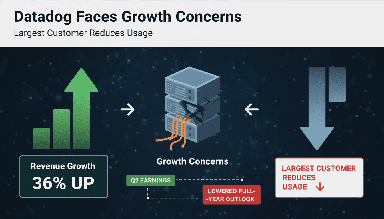 Datadog logo with a graph showing revenue growth and stock decline