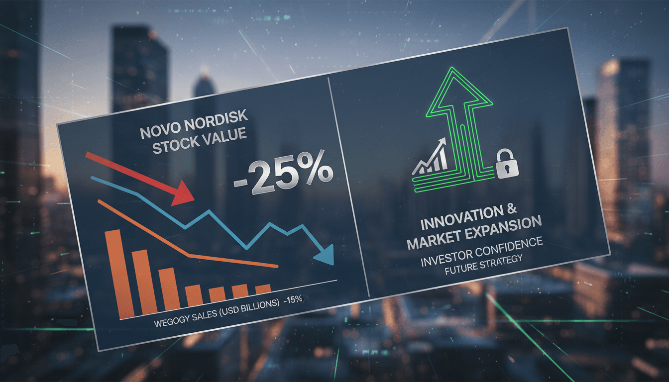 Novo Nordisk logo with a declining stock chart background