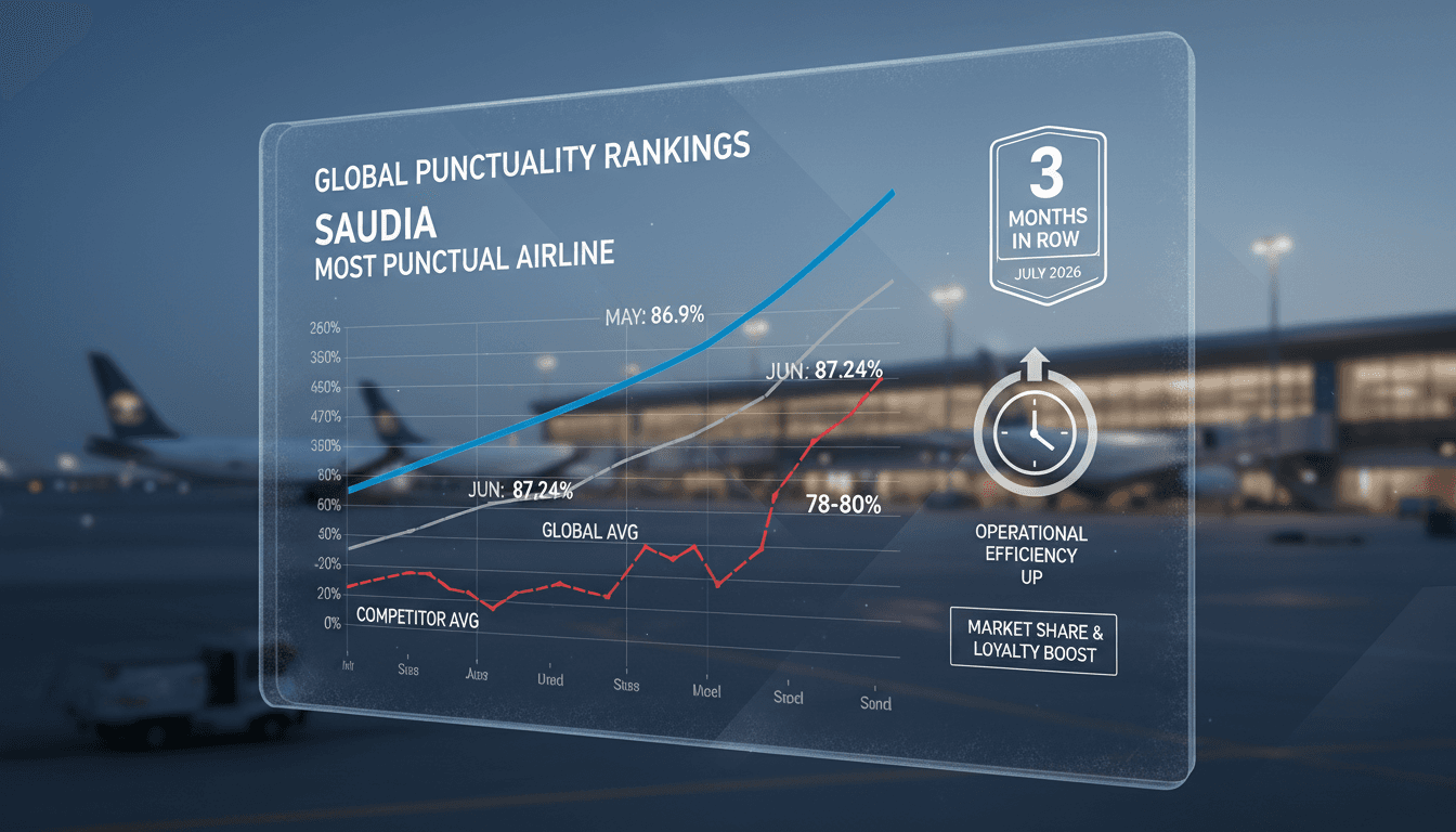 Saudia aircraft at an airport showcasing punctuality and operational efficiency.