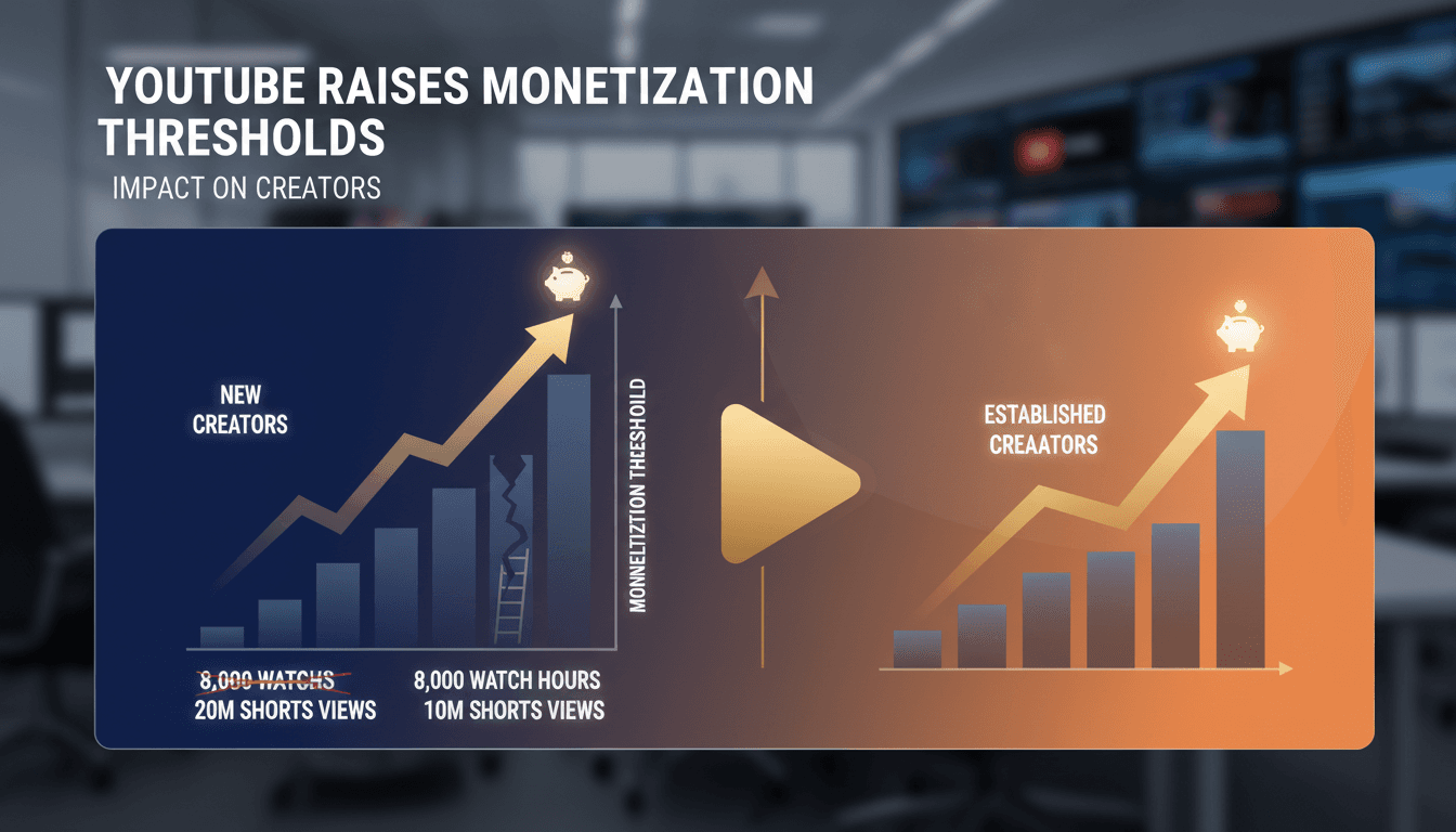 YouTube logo with a graphic showing increased monetization thresholds for creators
