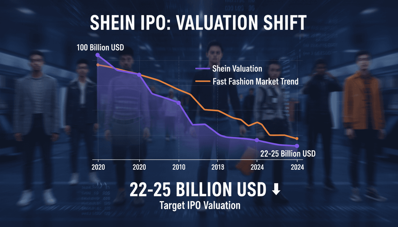 Shein logo with a financial graph showing valuation decline