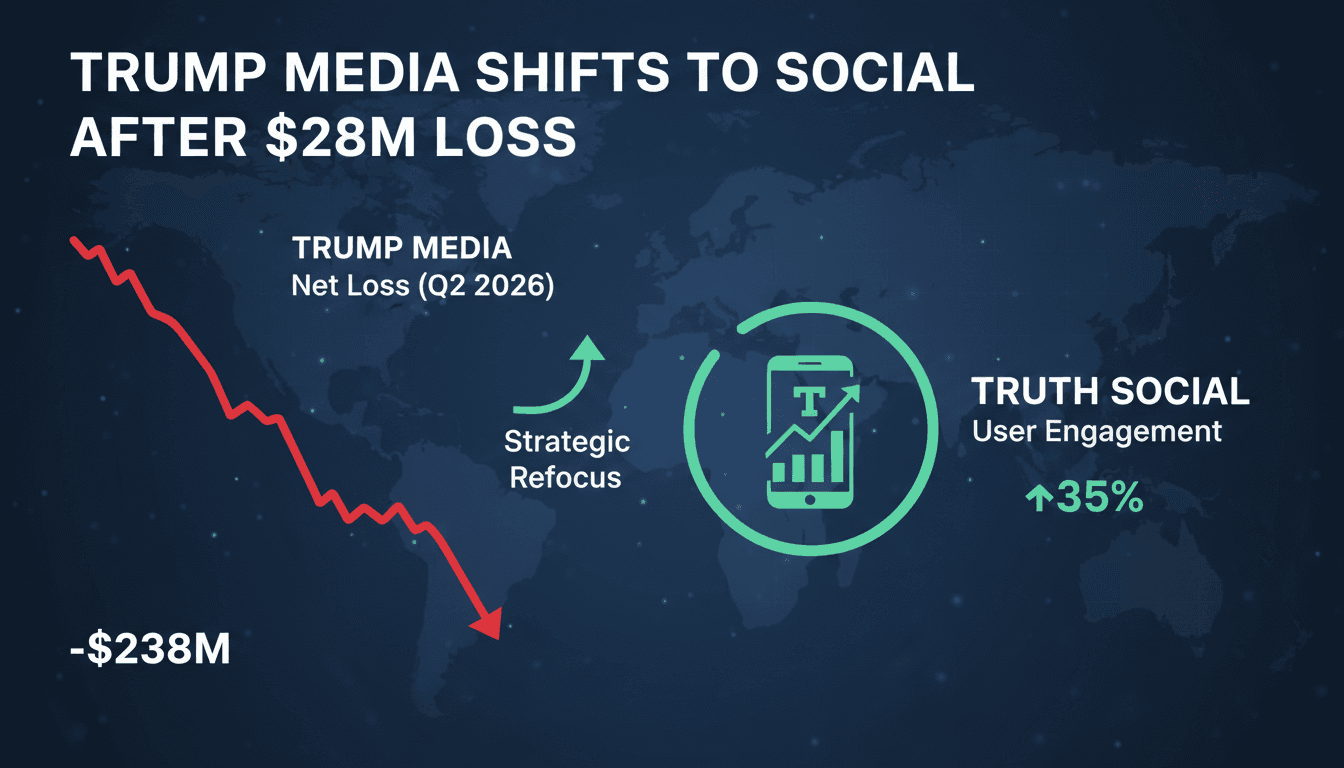 Trump Media & Technology logo with financial graphs showing losses.