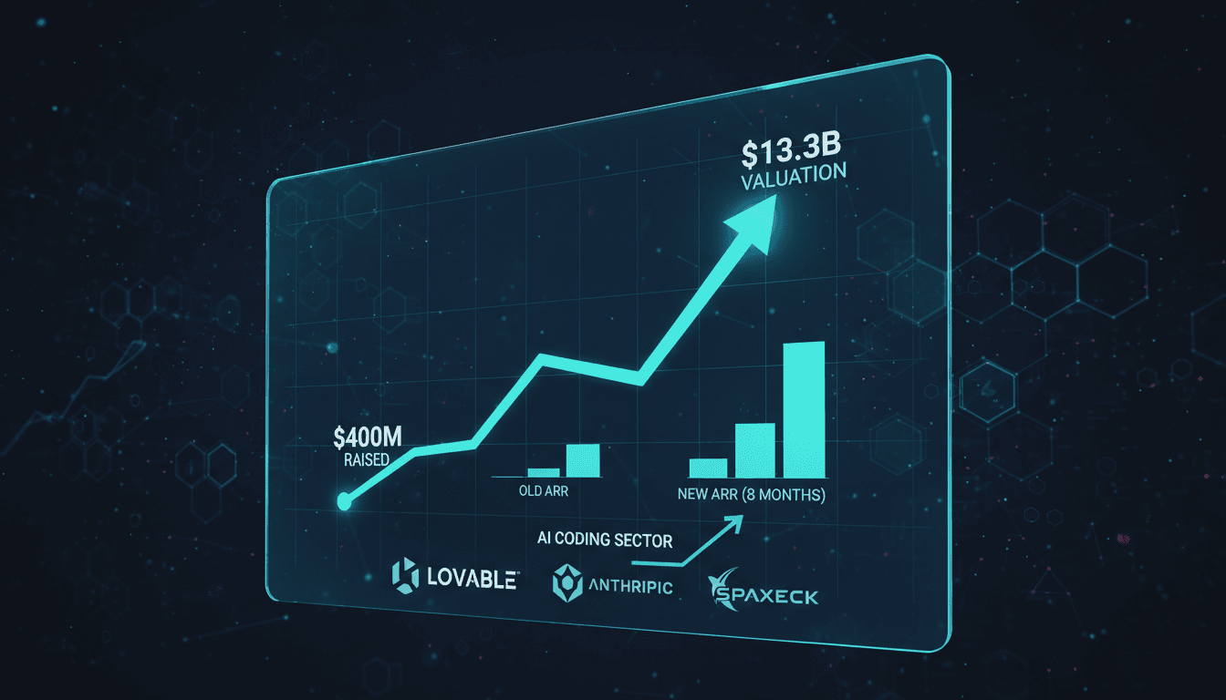 Lovable AI startup logo with a backdrop of financial growth charts.