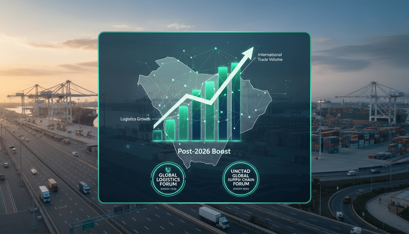Saudi Arabia's skyline with logistics and supply chain imagery