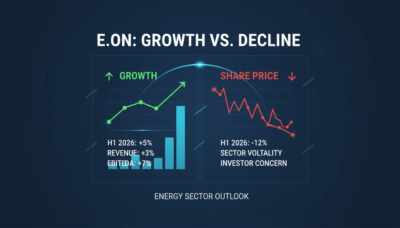 E.ON logo with a graph showing growth metrics and share price trends.